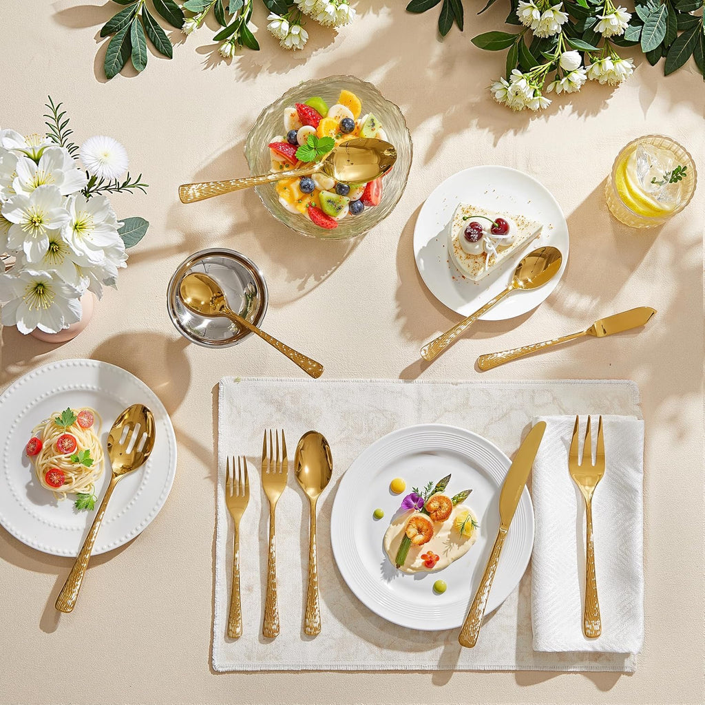 KINGSTONE Gold Hammered Silverware Set | 65-Piece 18/10 Stainless Steel Flatware with Serving Utensils (Luxury Gold Cutlery Set)