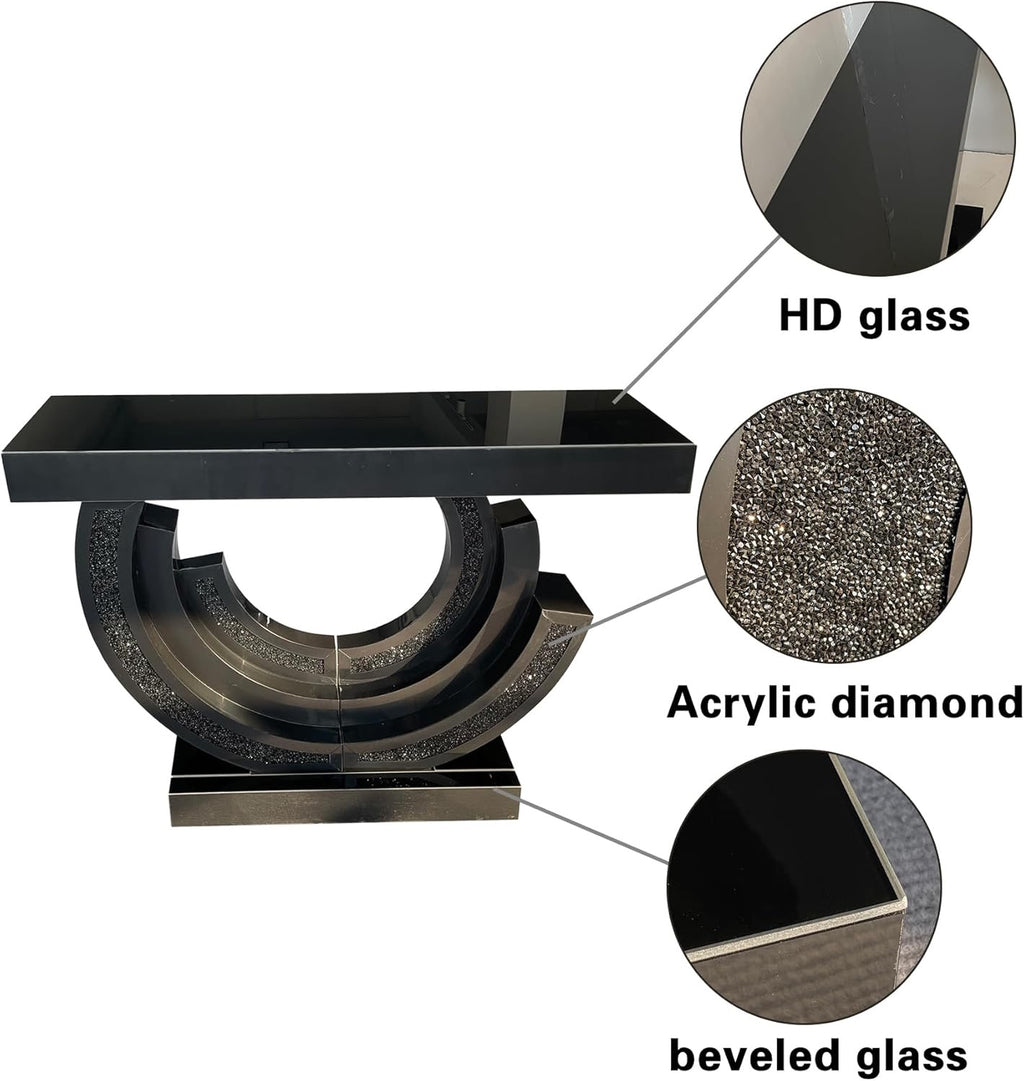 42.9” Mirrored Console Table | Crushed Diamond Inlay Entryway Sofa Table with C-Shaped Base (Black)