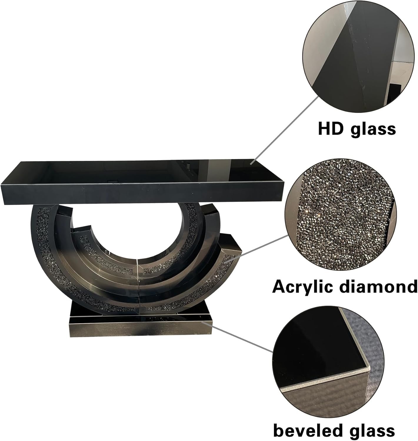 42.9” Mirrored Console Table | Crushed Diamond Inlay Entryway Sofa Table with C-Shaped Base (Black)