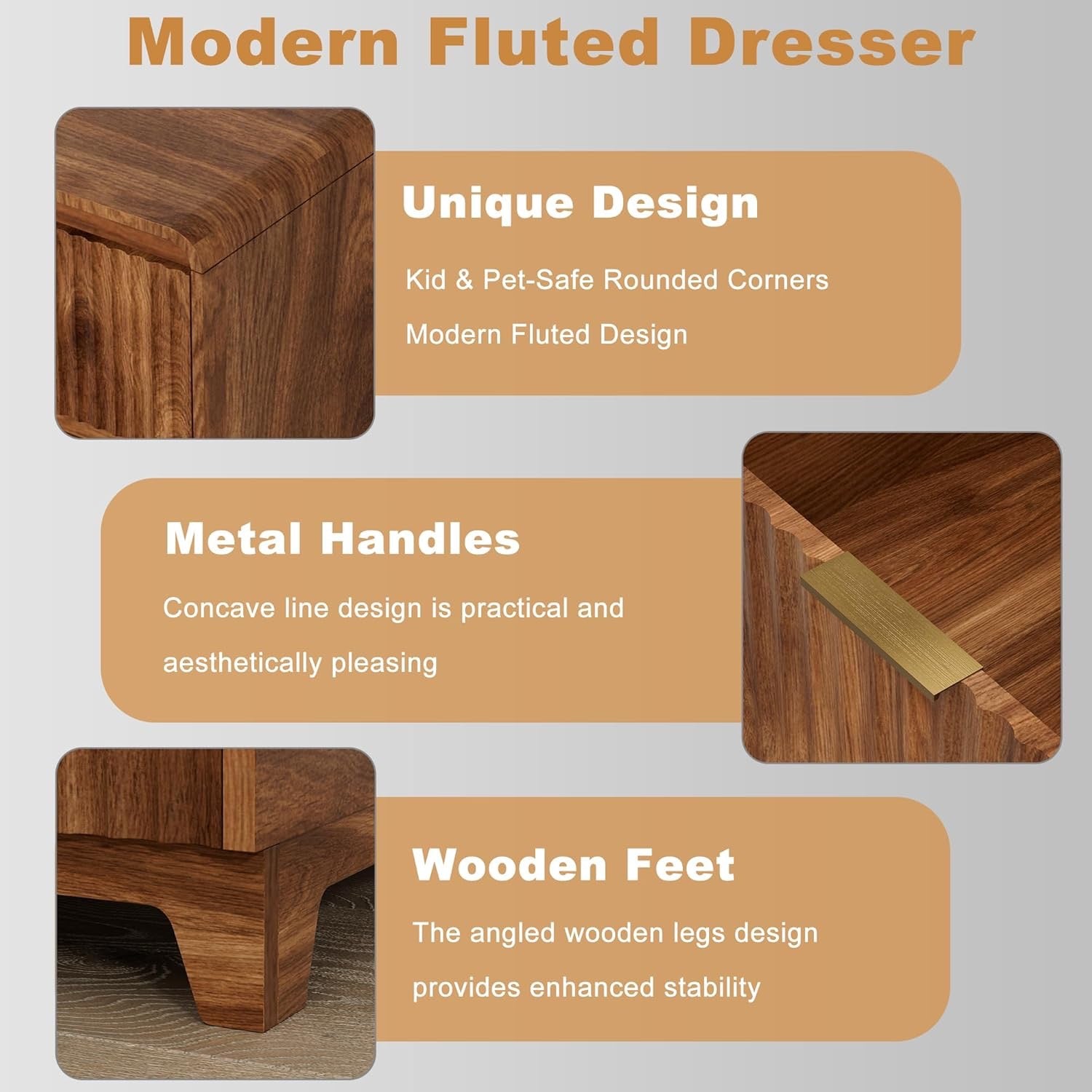 3-Piece Bedroom Furniture Set | Fluted 8-Drawer Dresser + 2 Nightstands with Charging Station – Walnut