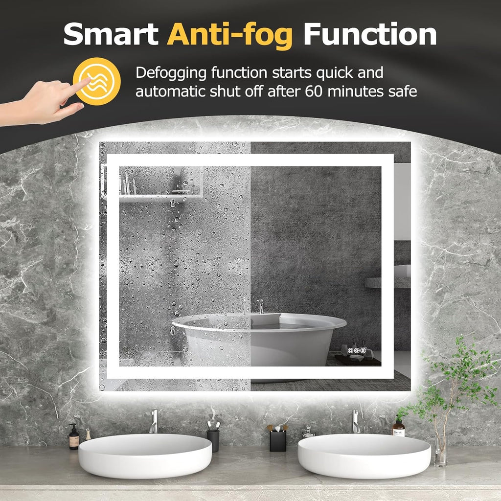 40” x 32” LED Smart Bathroom Mirror | Backlit + Front Lit Anti-Fog Vanity Mirror with Memory Function
