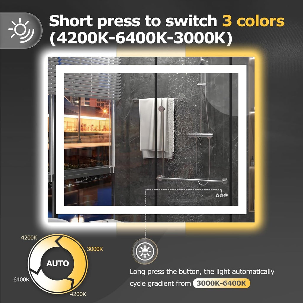 40” x 32” LED Smart Bathroom Mirror | Backlit + Front Lit Anti-Fog Vanity Mirror with Memory Function
