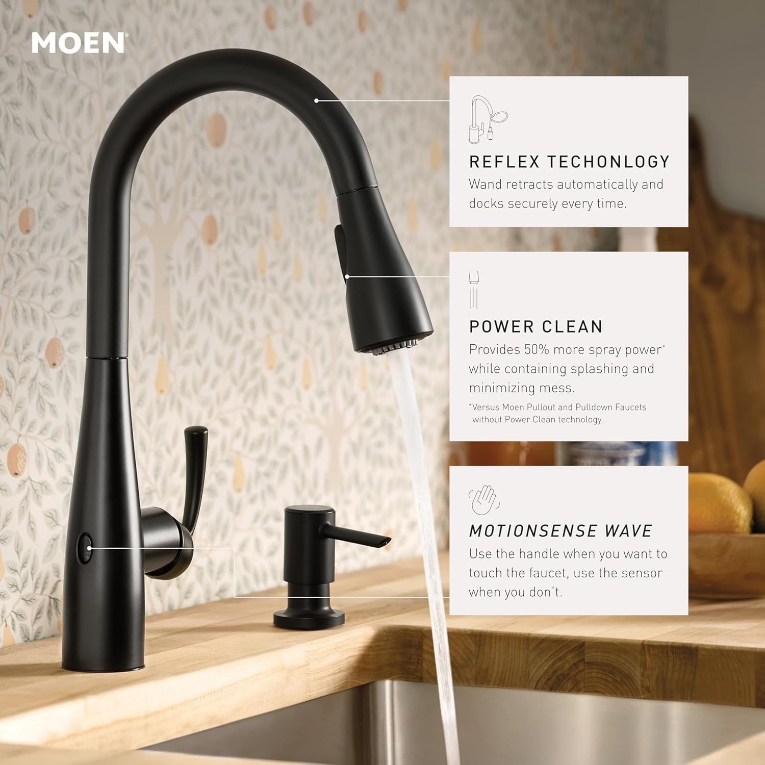 Moen Essie MotionSense Wave Touchless Kitchen Faucet Matte Black 87014EWBL | Pulldown Sprayer with Soap Dispenser & Power Clean