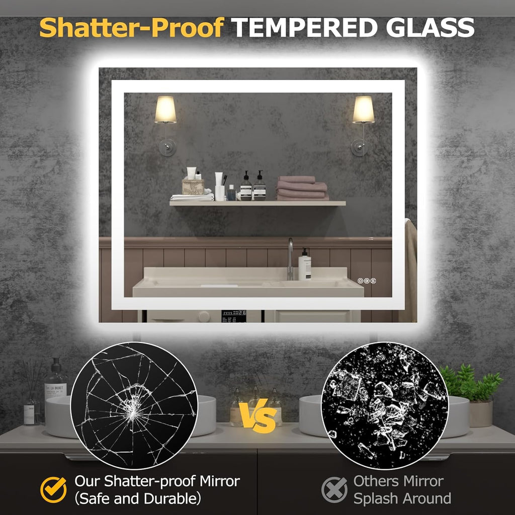 40” x 32” LED Smart Bathroom Mirror | Backlit + Front Lit Anti-Fog Vanity Mirror with Memory Function