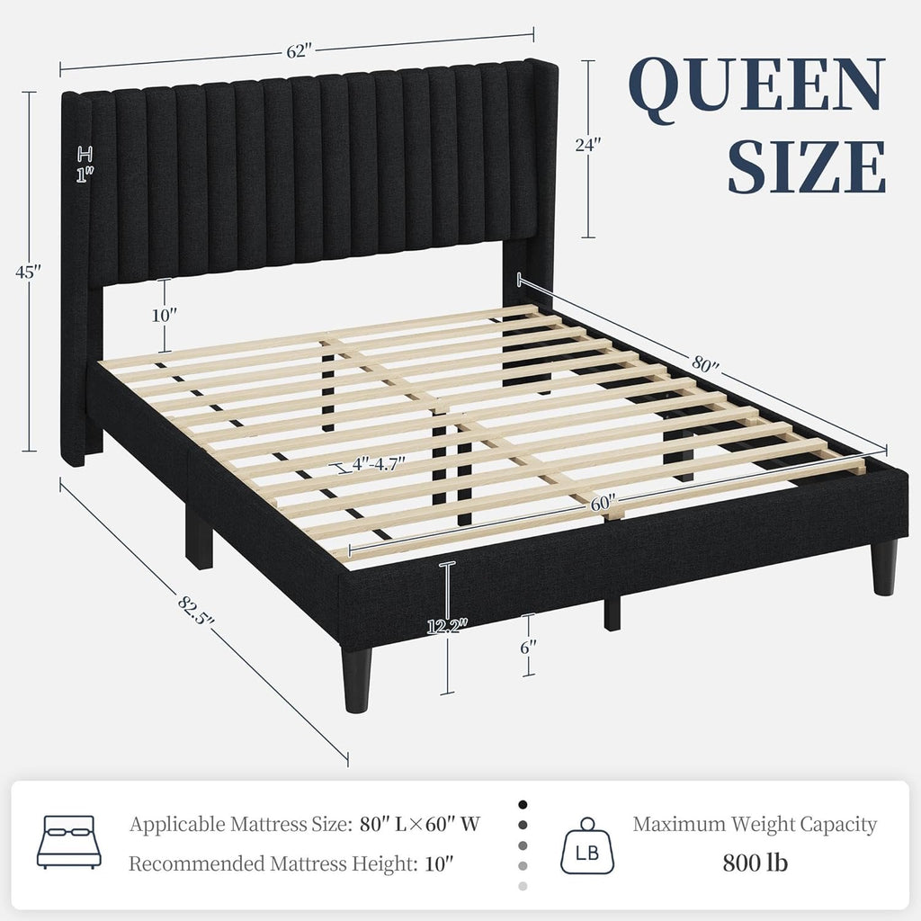 Yaheetech Upholstered Queen Platform Bed | Fabric Headboard with Wingback Design – No Box Spring Needed