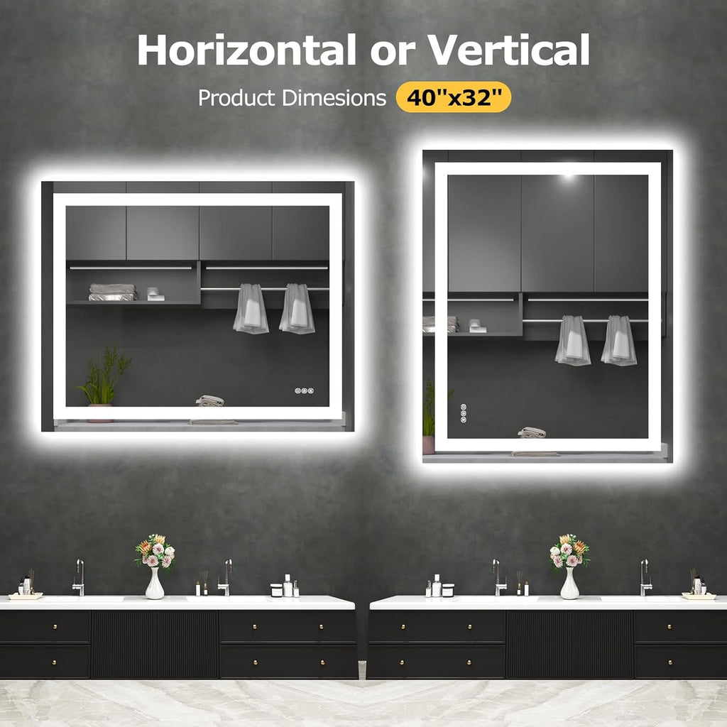 40” x 32” LED Smart Bathroom Mirror | Backlit + Front Lit Anti-Fog Vanity Mirror with Memory Function
