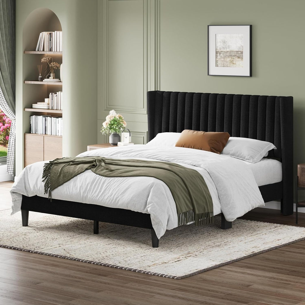 Yaheetech Upholstered Queen Platform Bed | Fabric Headboard with Wingback Design – No Box Spring Needed
