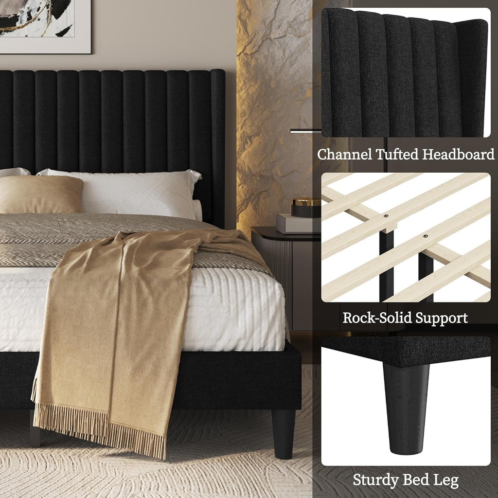 Yaheetech Upholstered Queen Platform Bed | Fabric Headboard with Wingback Design – No Box Spring Needed