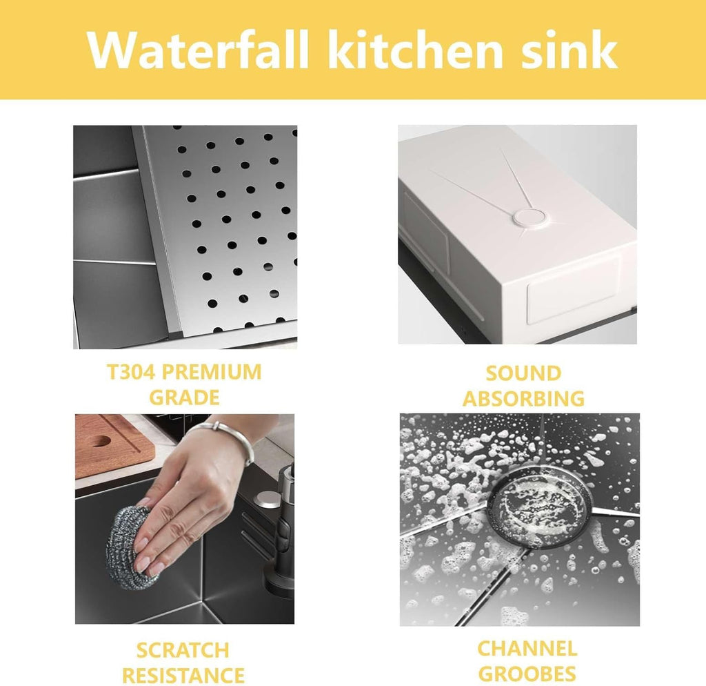 32x19 Black Stainless Steel Drop-In Kitchen Sink – Single Bowl Workstation Sink with Faucet & Accessories