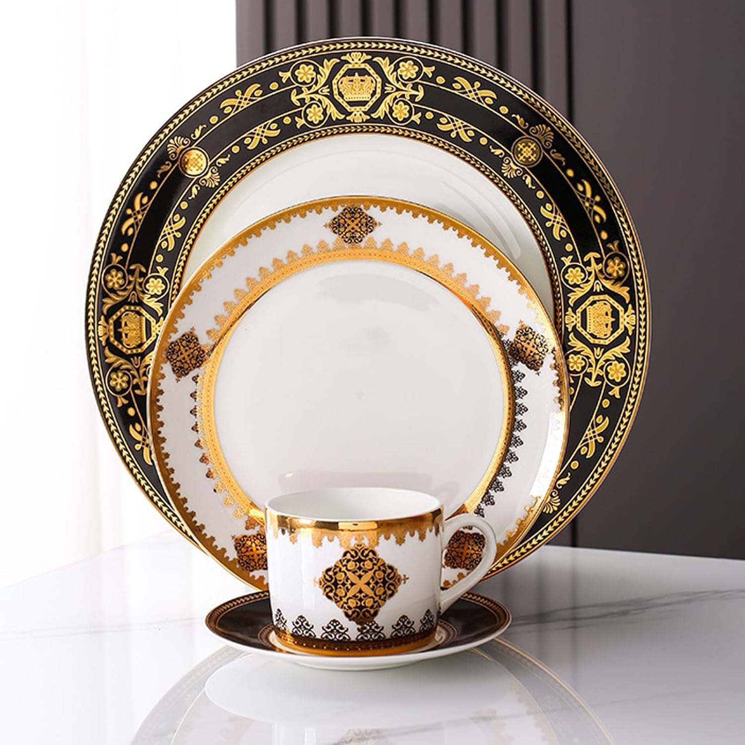 8 Piece Bone China Dinnerware Set for 2 Gold Rim | Elegant Plates Cups and Saucers Scratch Resistant Dishwasher Safe