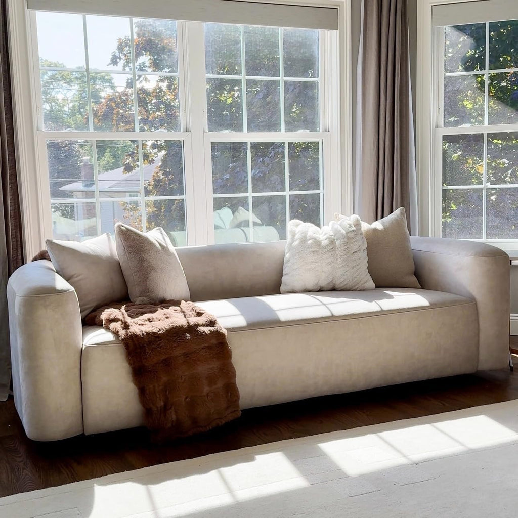 Acanva Luxury Curved Velvet Sofa (3-Seater) | Modern Minimalist Cream Upholstery