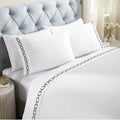Superior Embroidered Cotton Queen Sheet Set | White & Black Chain Links Design Deep Pocket Sheets