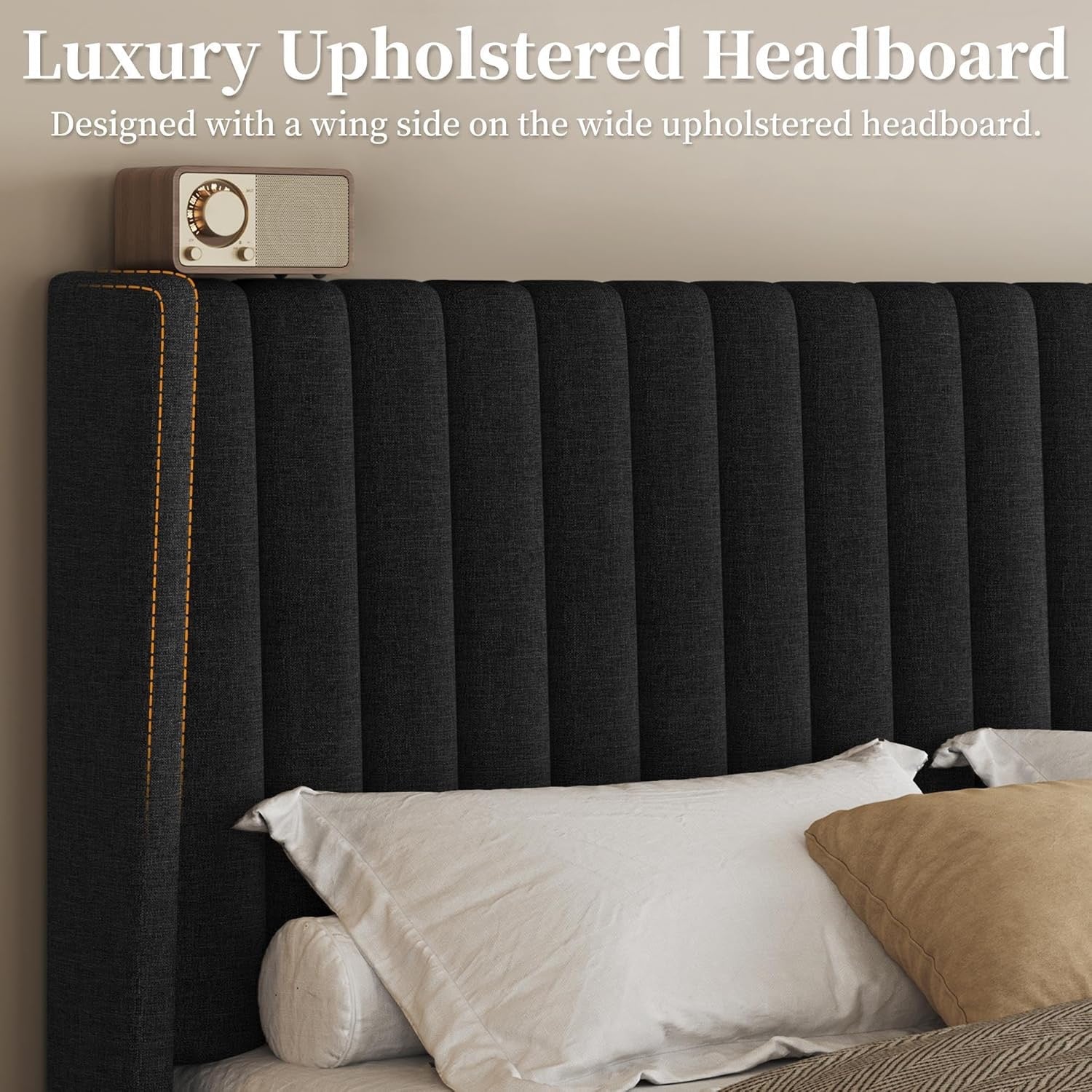 Yaheetech Upholstered Queen Platform Bed | Fabric Headboard with Wingback Design – No Box Spring Needed