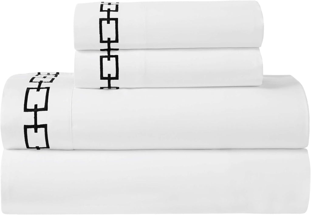 Superior Embroidered Cotton Queen Sheet Set | White & Black Chain Links Design Deep Pocket Sheets