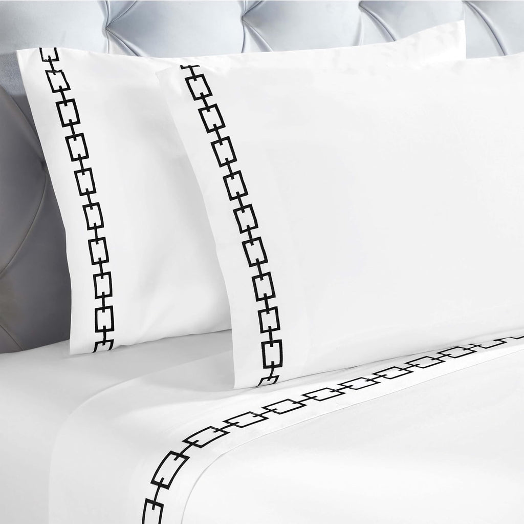 Superior Embroidered Cotton Queen Sheet Set | White & Black Chain Links Design Deep Pocket Sheets