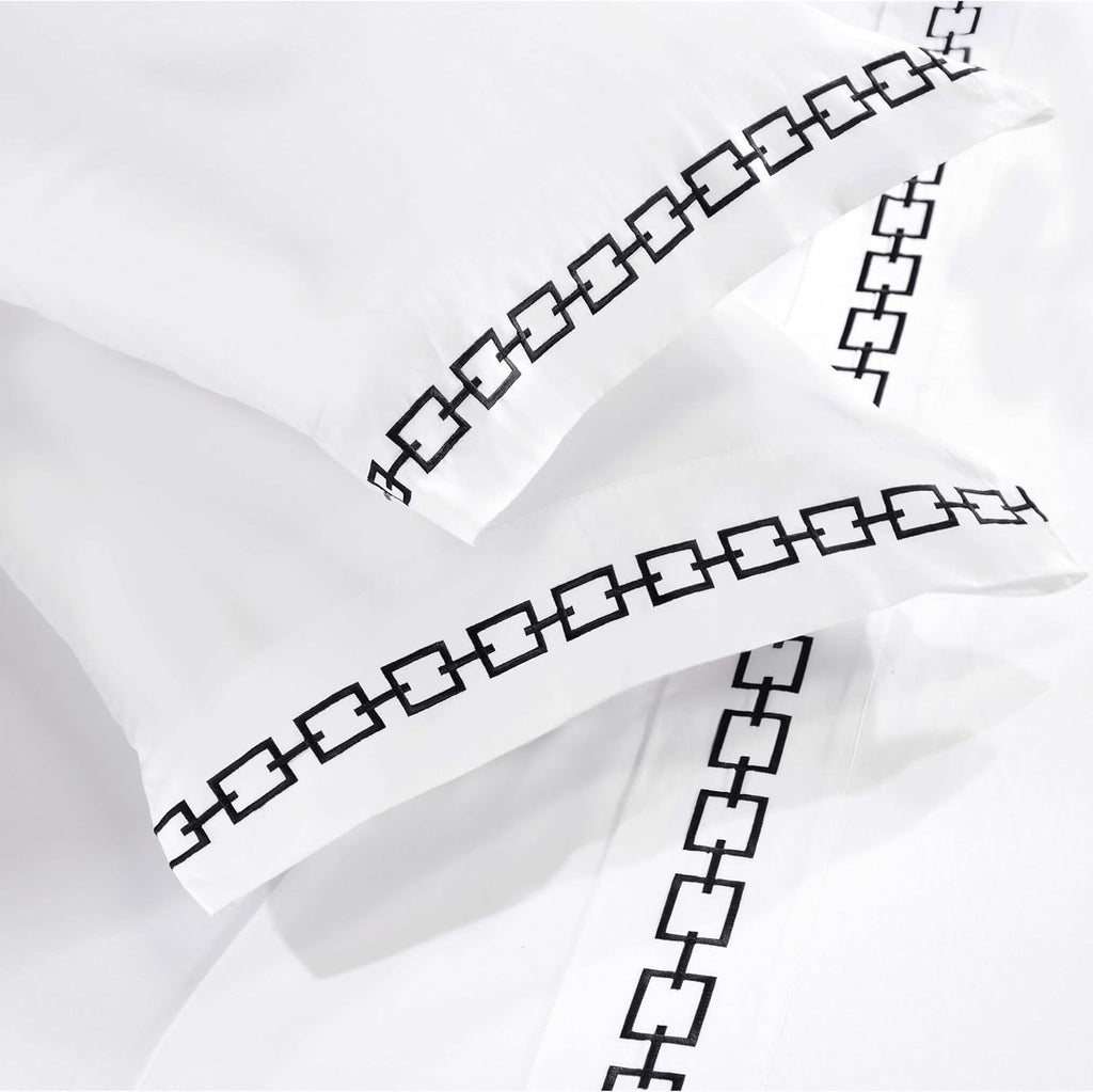 Superior Embroidered Cotton Queen Sheet Set | White & Black Chain Links Design Deep Pocket Sheets