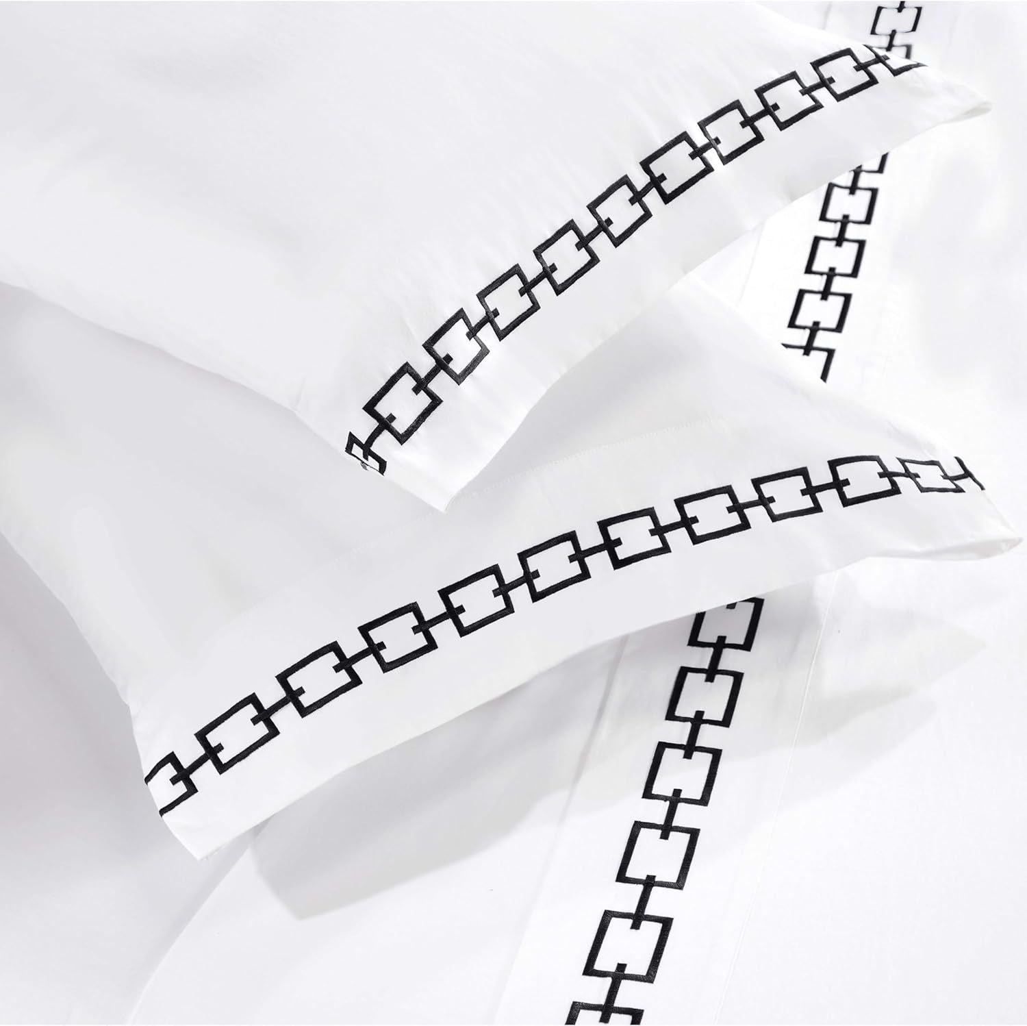 Superior Embroidered Cotton Queen Sheet Set | White & Black Chain Links Design Deep Pocket Sheets