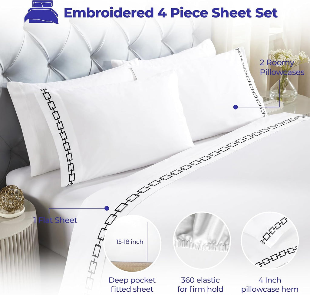 Superior Embroidered Cotton Queen Sheet Set | White & Black Chain Links Design Deep Pocket Sheets