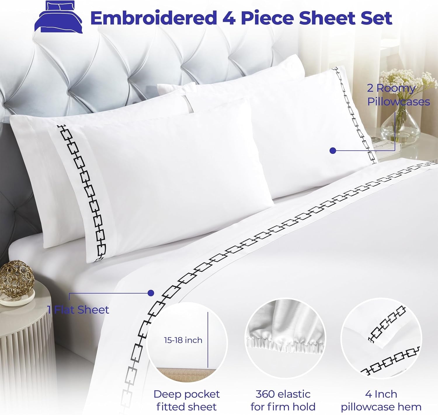 Superior Embroidered Cotton Queen Sheet Set | White & Black Chain Links Design Deep Pocket Sheets