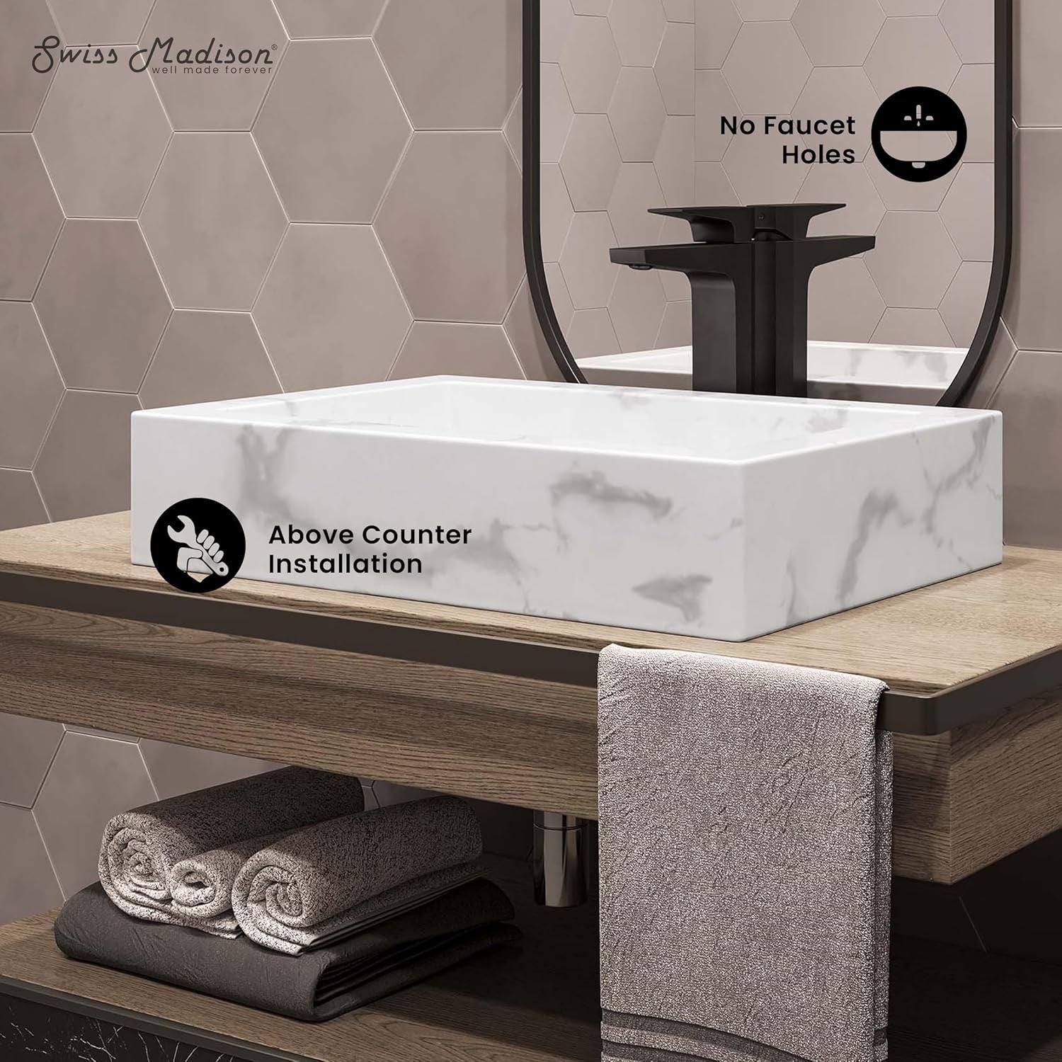 Voltaire 22” White Marble Ceramic Vessel Sink | Sculptural Bathroom Basin