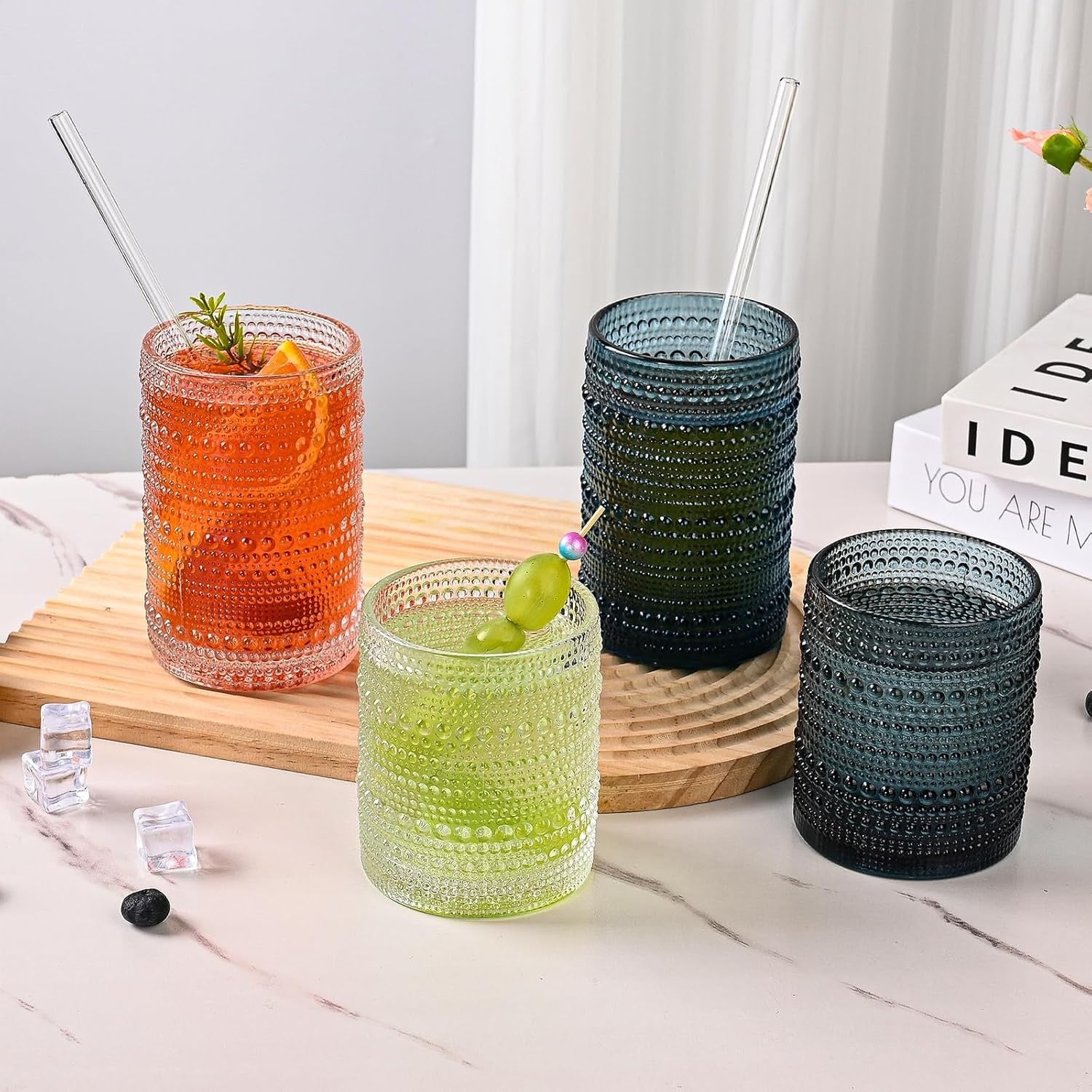 Vintage Blue Hobnail Drinking Glasses Set of 12 | 12oz & 15oz Embossed Glass Tumblers with Cleaning Brush (Retro Cocktail & Everyday Glassware Set)