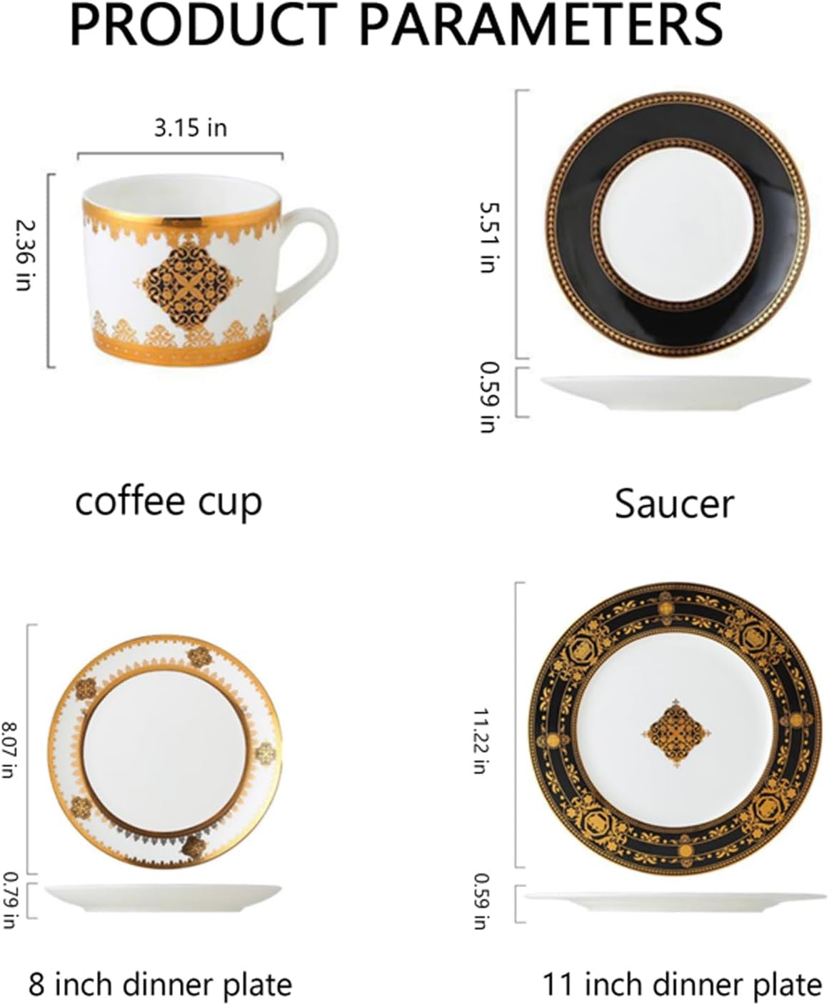8 Piece Bone China Dinnerware Set for 2 Gold Rim | Elegant Plates Cups and Saucers Scratch Resistant Dishwasher Safe