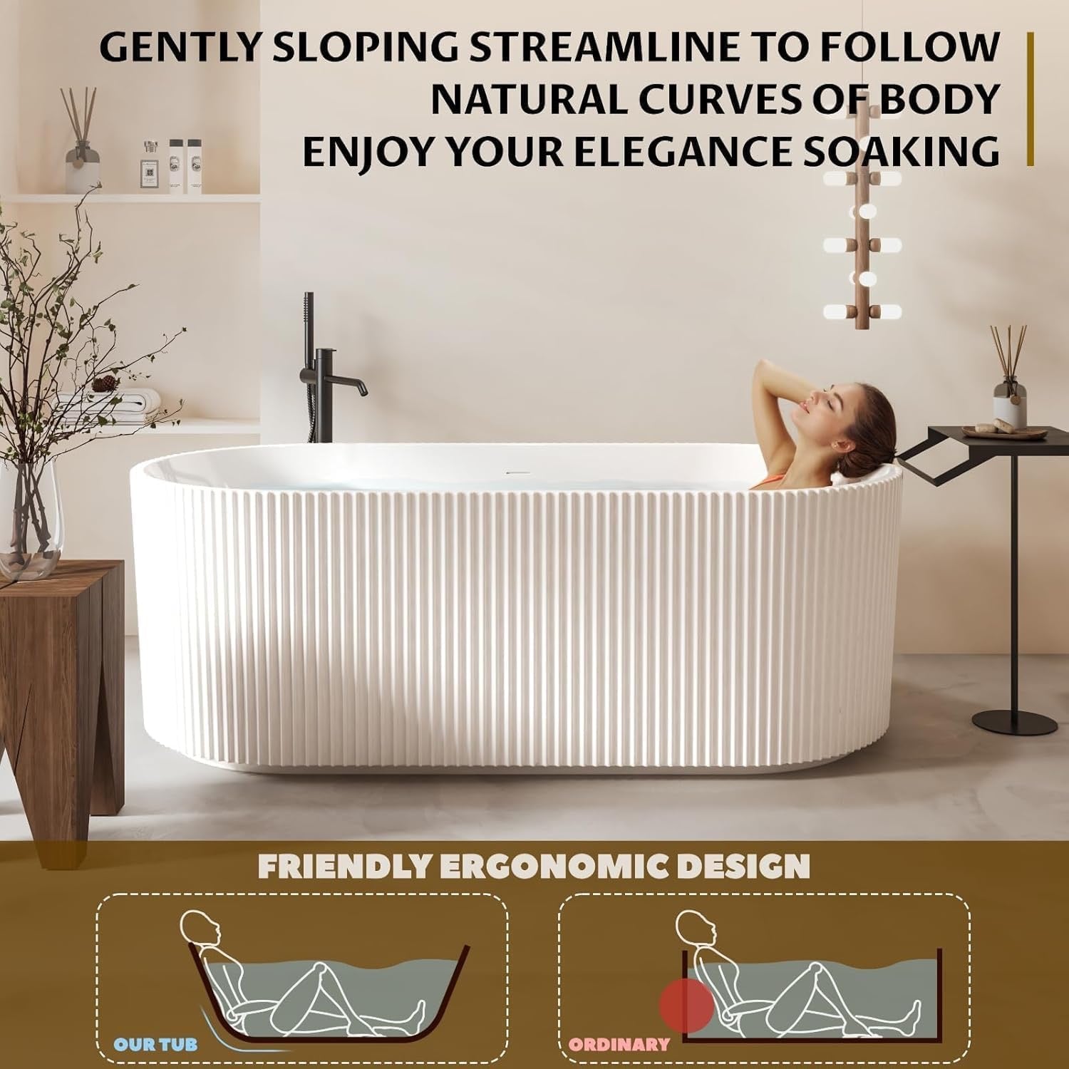 Acrylic Freestanding Deep Soaking Bathtub – Contemporary White Stand-Alone Spa Tub