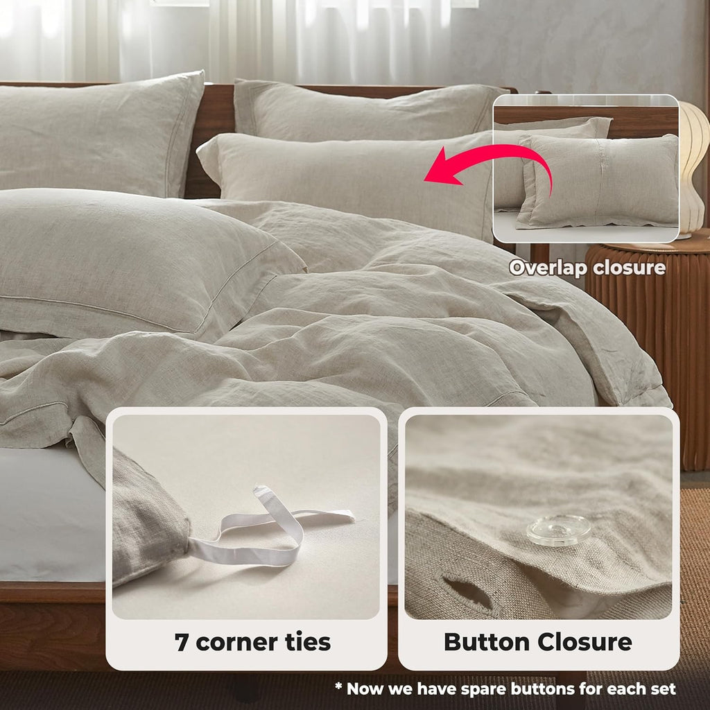 Simple&Opulence Washed Linen Duvet Cover Set | Natural Linen King 3-Piece Embroidered Bedding