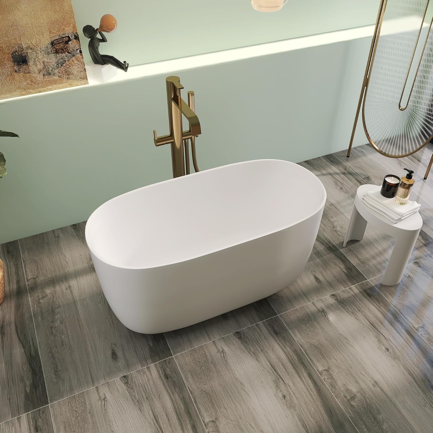 47-Inch Solid Surface Freestanding Bathtub – Matte White Stone Resin Oval Soaking Tub
