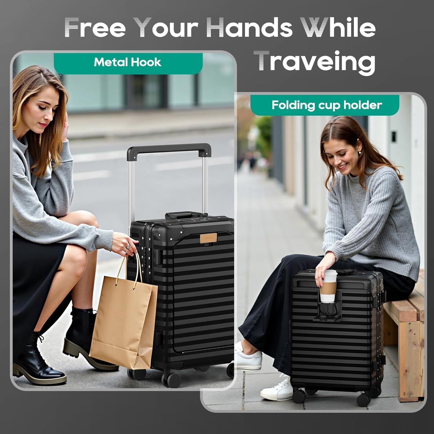 Joyway 20 Inch Carry On Luggage Aluminum Frame | Front Pocket Hardshell Suitcase with USB Port Cup Holder TSA Lock