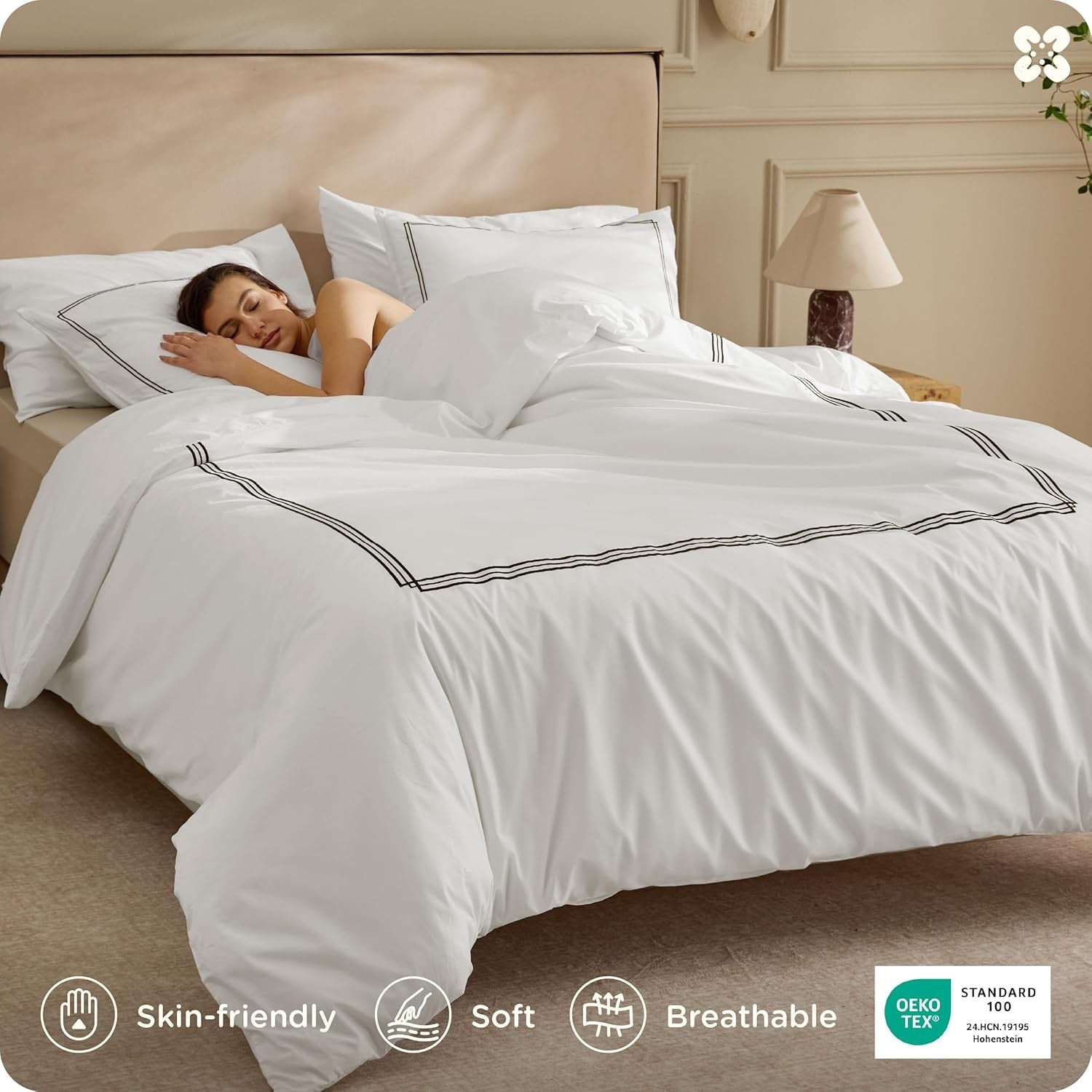 Bedsure Luxury Hotel Cotton Duvet Cover Set | White Frame Embroidery Bedding – Queen