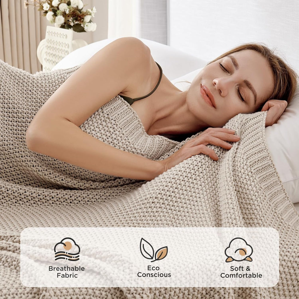 Joydeco Chunky Cable Knit Throw Blanket | Organic Cotton Cozy Knit Blanket (Beige, 51” x 63”)