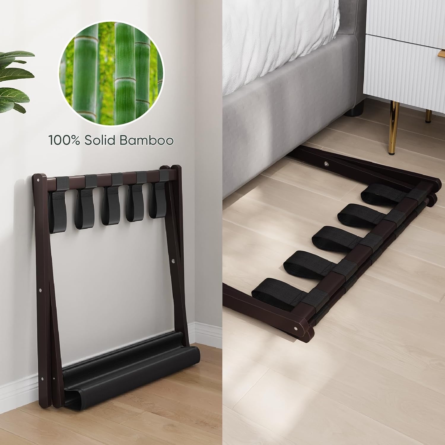 2-Pack Bamboo Folding Luggage Rack with Storage Shelf | Heavy-Duty 131 lb Capacity Suitcase Stand (Hotel-Style Guest Room Essential)
