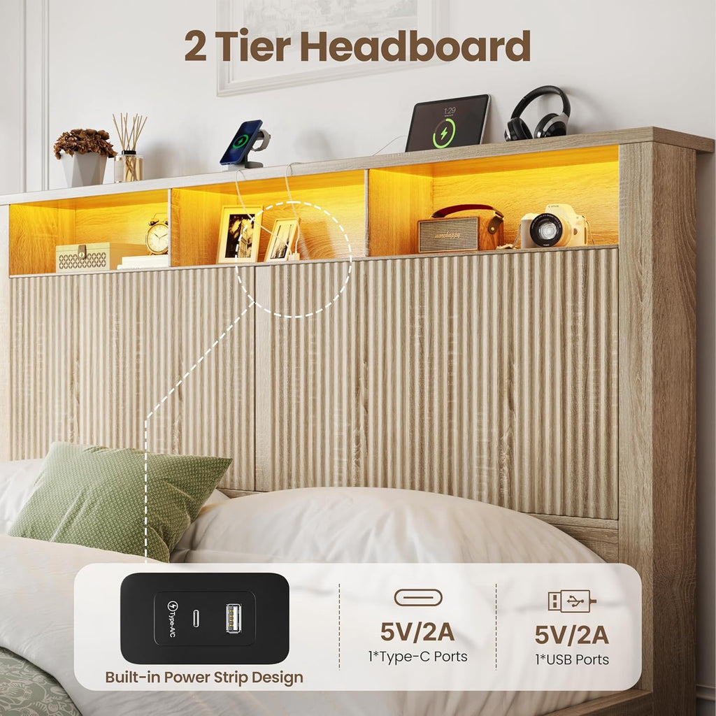 CypBed King Storage Bed Frame | Wood Platform Bed with LED Headboard & Charging Station