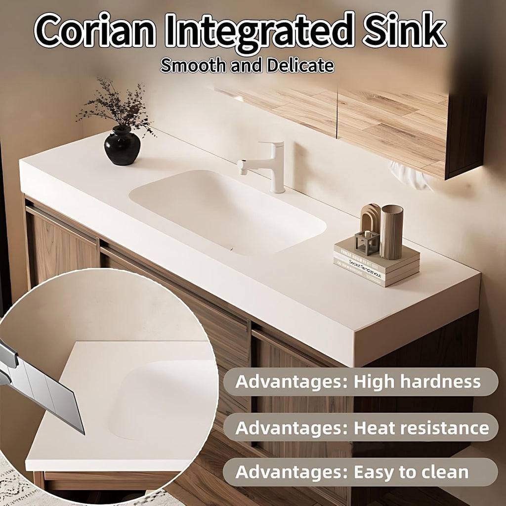 Genpai 64" Double Sink Bathroom Vanity with Smart LED Mirror | Corian Countertop | 4 Drawers