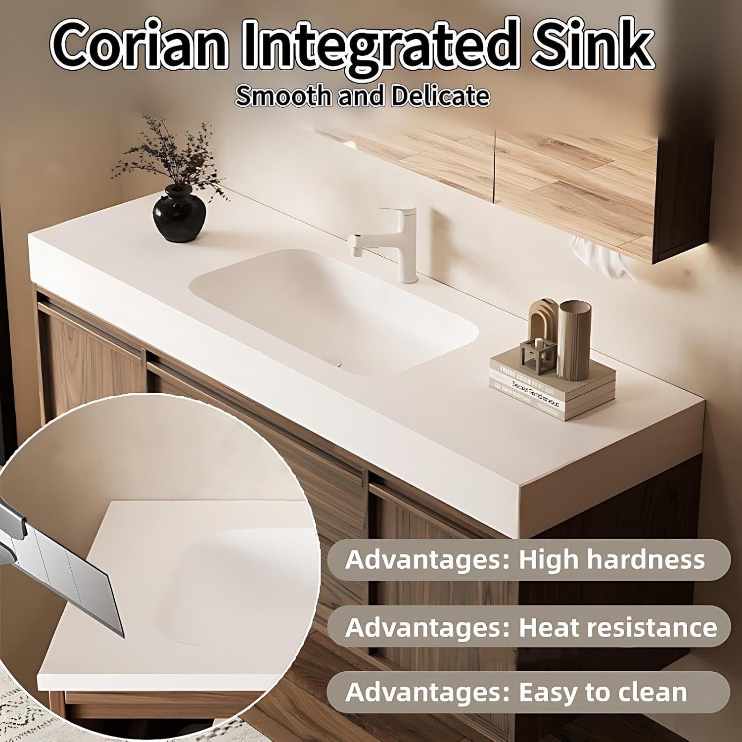 Genpai 64" Double Sink Bathroom Vanity with Smart LED Mirror | Corian Countertop | 4 Drawers