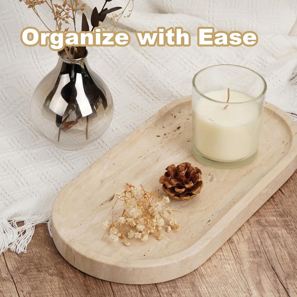 Koville Italian Travertine Tray 12” x 6” | Decorative Vanity Marble Catchall for Perfume, Candles & Jewelry