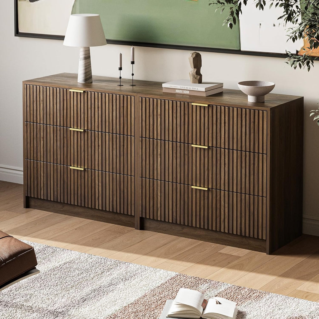MAISONARIA Walnut 3-Piece Living Room Set | 5 Drawer Dresser + 2 Nightstands | Hidden Handle Modern Storage