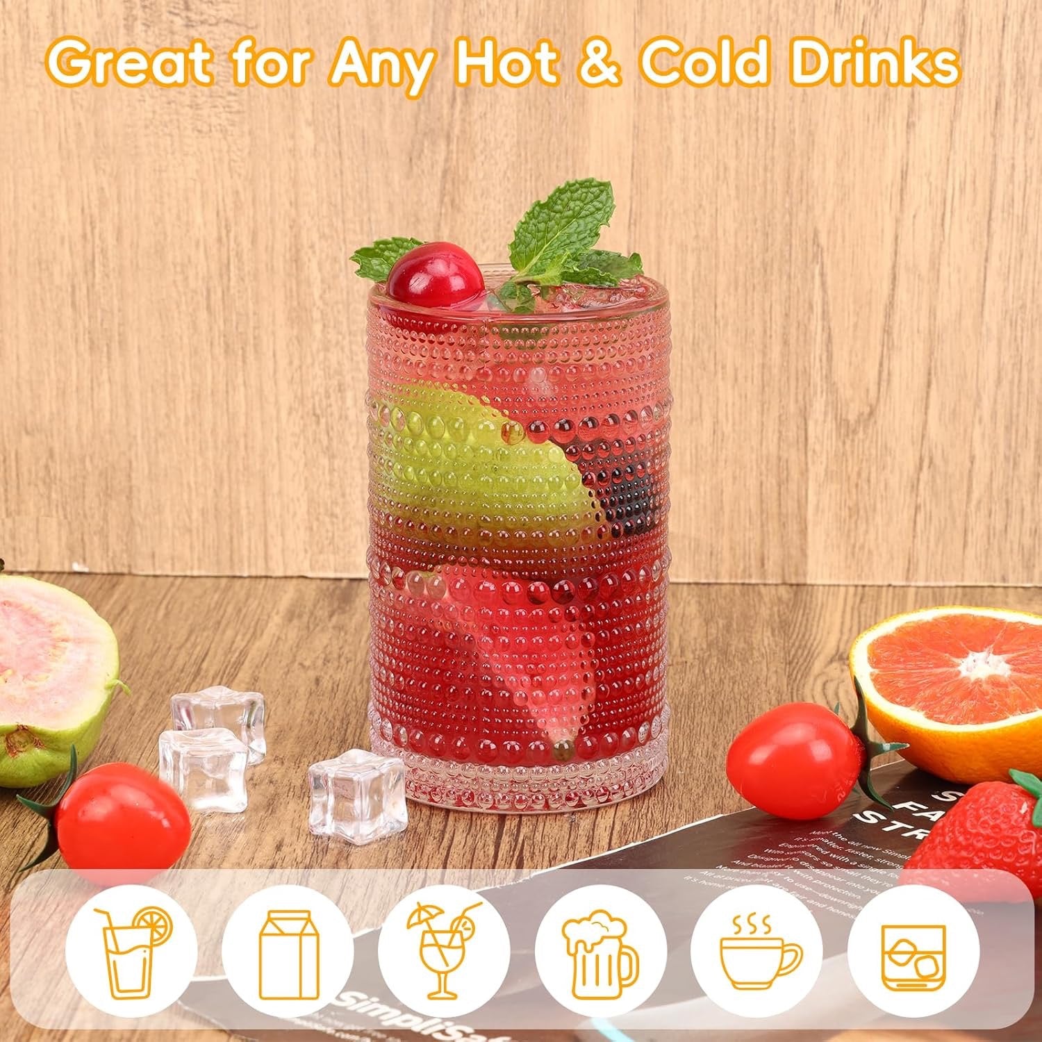 Moretoes Hobnail Drinking Glasses Set of 6 | 12 oz Highball & 10 oz Cocktail Glasses | Vintage Embossed Clear Glassware