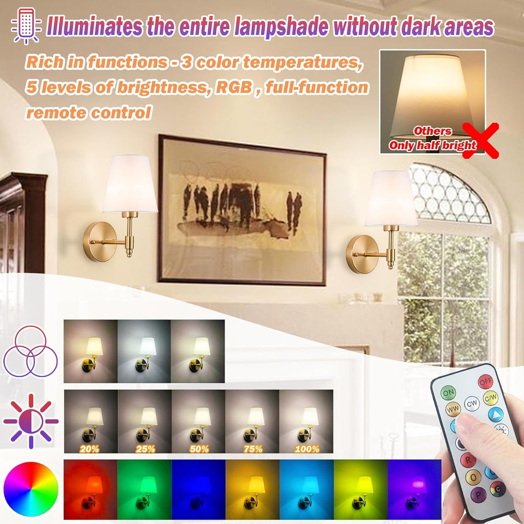 Wireless Battery-Operated Wall Sconces (Set of 2) | Rechargeable RGB Dimmable Lighting