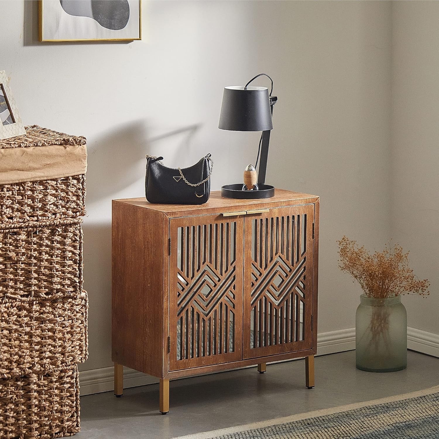 COZAYH 2-Door Accent Cabinet | Modern Geometric Mirror Front Wood Sideboard (Brown/Silver)