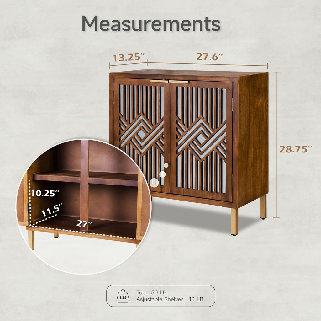 COZAYH 2-Door Accent Cabinet | Modern Geometric Mirror Front Wood Sideboard (Brown/Silver)