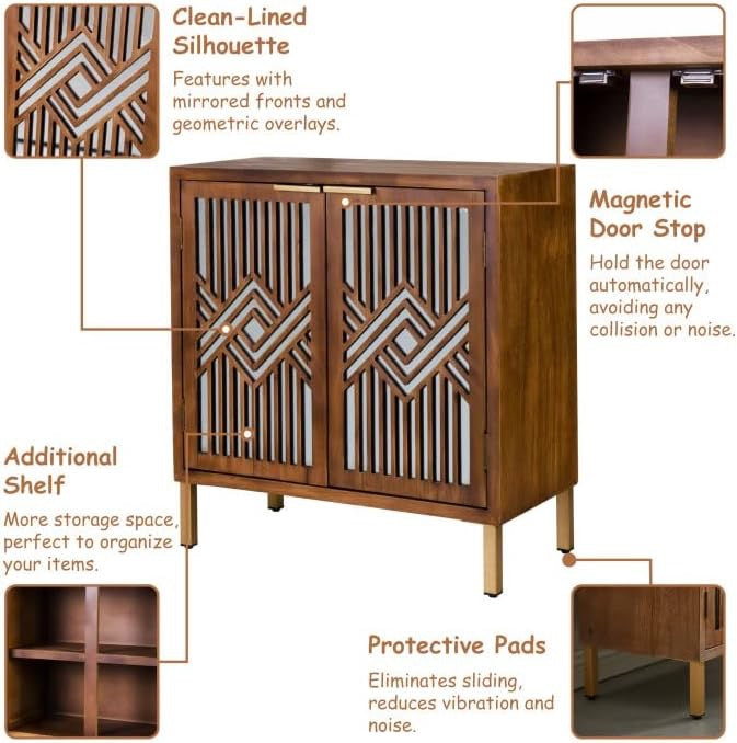 COZAYH 2-Door Accent Cabinet | Modern Geometric Mirror Front Wood Sideboard (Brown/Silver)