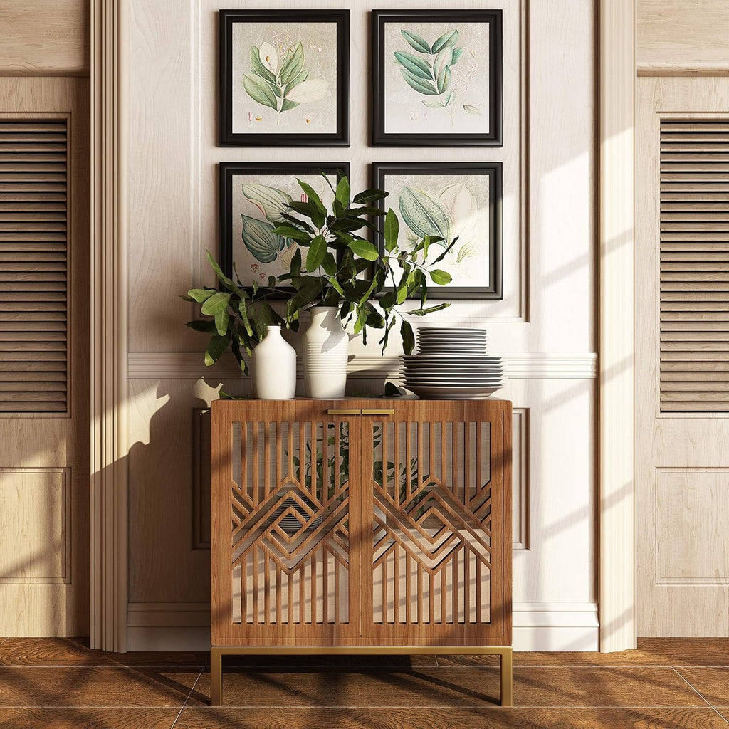 COZAYH 2-Door Accent Cabinet | Modern Geometric Mirror Front Wood Sideboard (Brown/Silver)