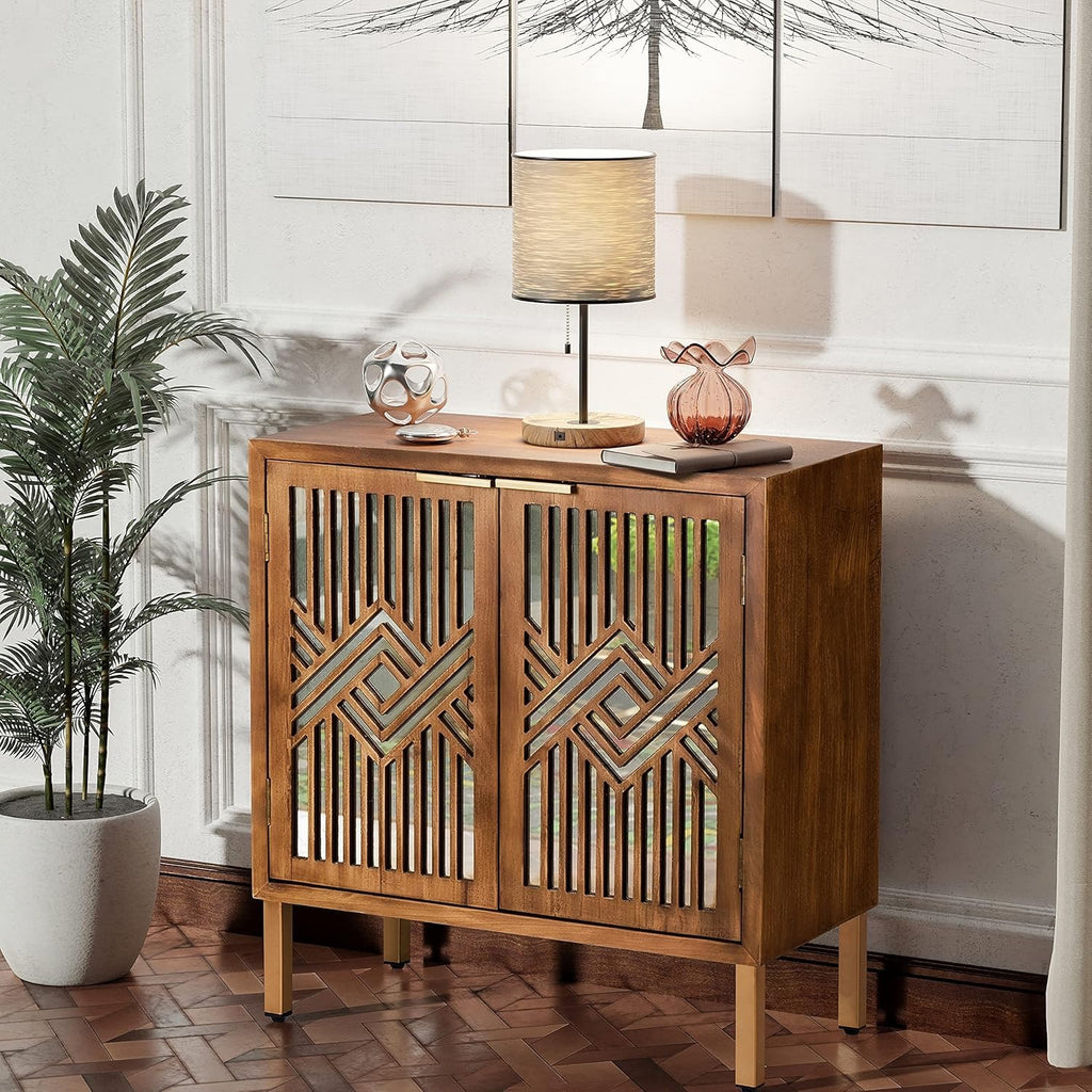 COZAYH 2-Door Accent Cabinet | Modern Geometric Mirror Front Wood Sideboard (Brown/Silver)