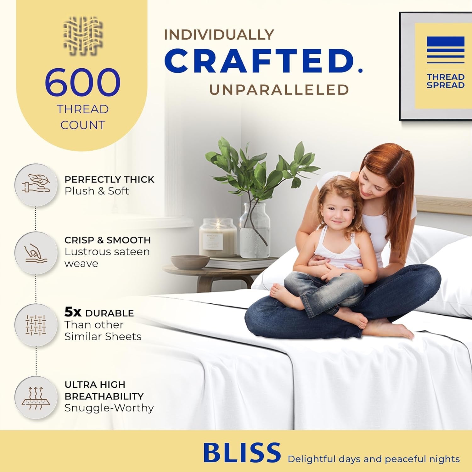 THREAD SPREAD 600 Thread Count Egyptian Cotton King Sheet Set | Cooling Sateen Deep Pocket Sheets – White