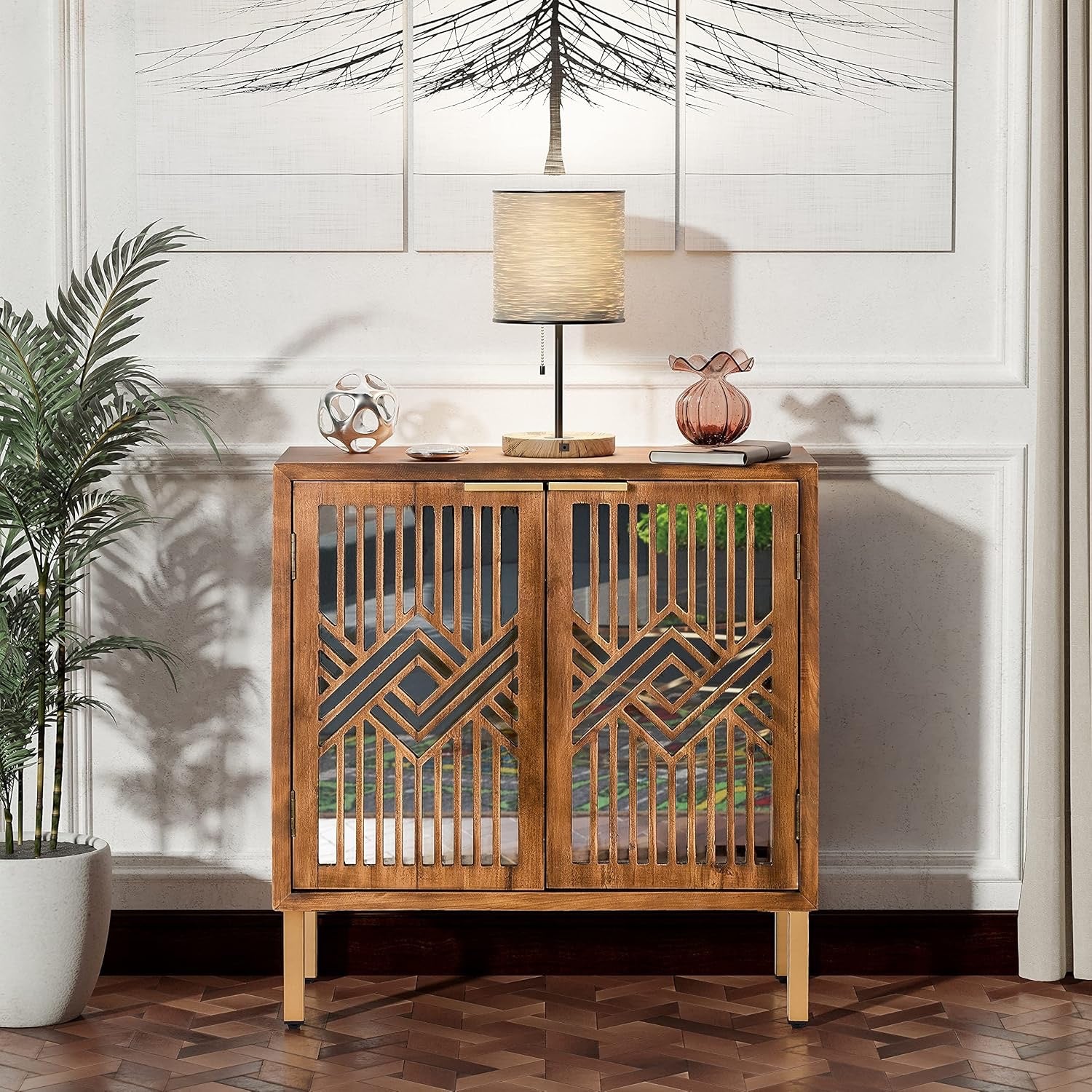 COZAYH 2-Door Accent Cabinet | Modern Geometric Mirror Front Wood Sideboard (Brown/Silver)