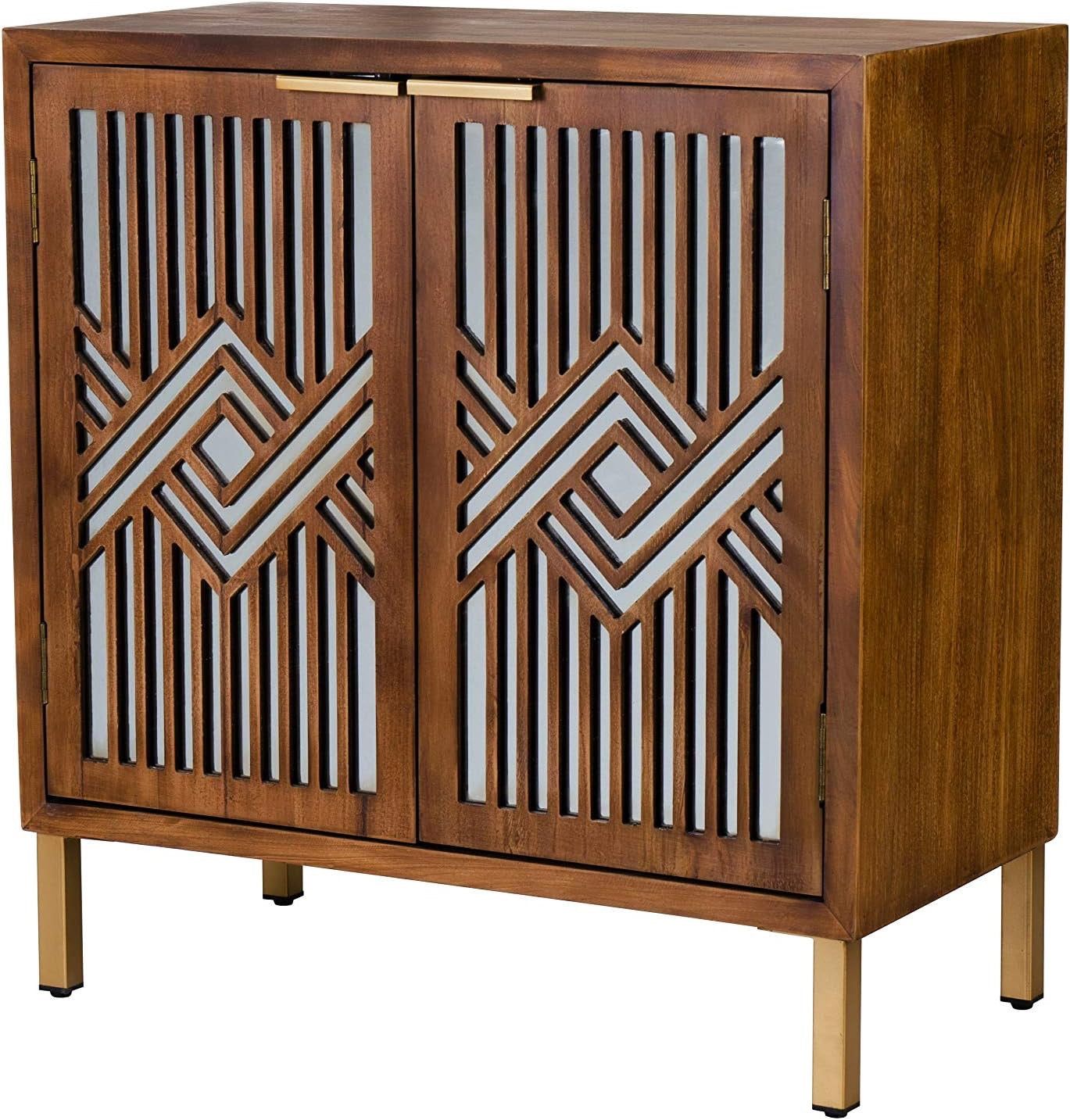 COZAYH 2-Door Accent Cabinet | Modern Geometric Mirror Front Wood Sideboard (Brown/Silver)