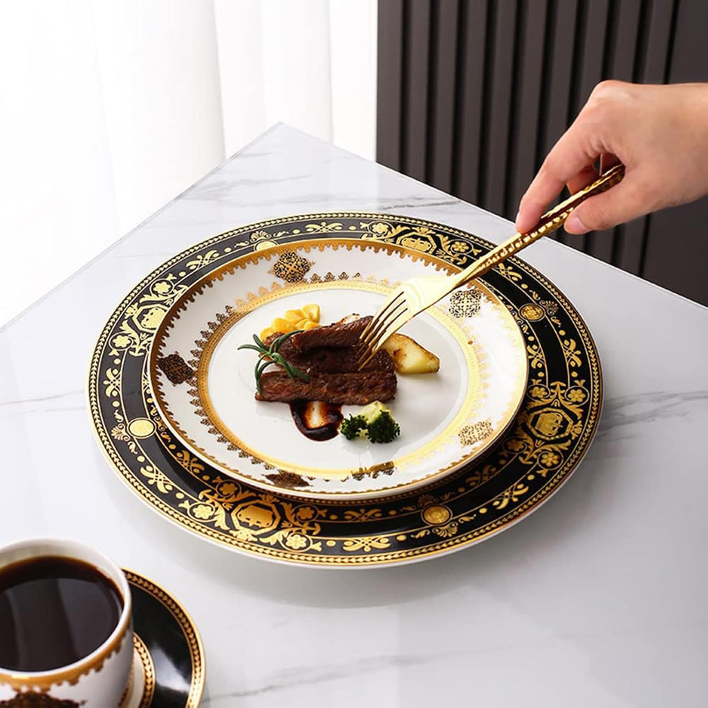 8 Piece Bone China Dinnerware Set for 2 Gold Rim | Elegant Plates Cups and Saucers Scratch Resistant Dishwasher Safe