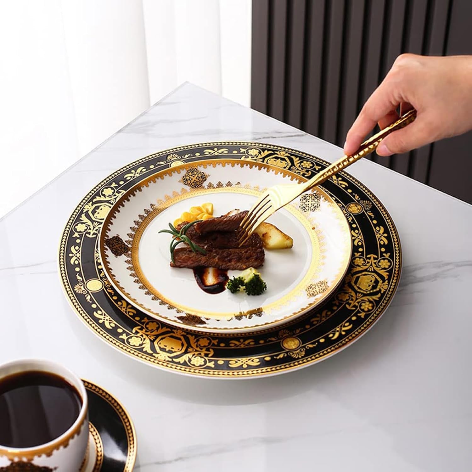 8 Piece Bone China Dinnerware Set for 2 Gold Rim | Elegant Plates Cups and Saucers Scratch Resistant Dishwasher Safe